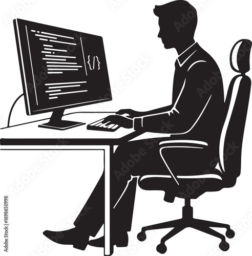 Programmer at Computer Silhouette  Vector Stock Image