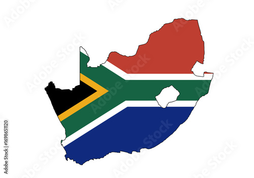 South Africas flag colors fill its country outline showcasing a unique geographic representation