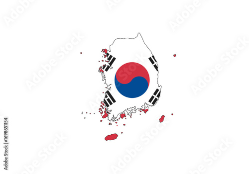 South Koreas flag overlaid on its geographical outline with red accents