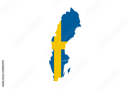 Swedens country shape is colorized with the Swedish flags design on a white background