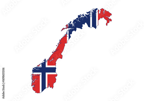 The map of Norway in red and blue with a central cross design