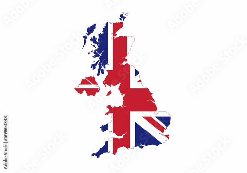 UK map with the Union Jack flag fills the entire shape of the British Isles against a blank white background