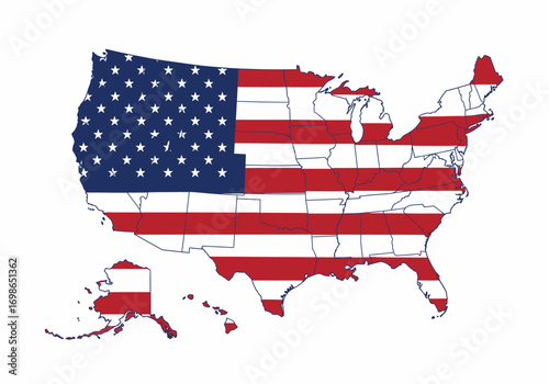 US map overlaid with the American flag pattern