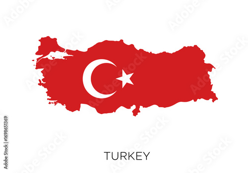 Turkey map outlined in red superimposed with the crescent and star of its flag with TURKEY beneath