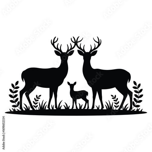 Silhouette of two stags and a fawn with grass and foliage elements deer buck