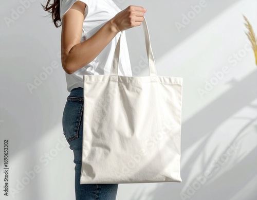 Photorealistic side view of a blank cotton tote bag carried by a person in casual clothing.