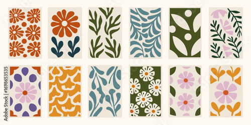 Collection of abstract floral and botanical motifs in warm earthy tones and muted colors