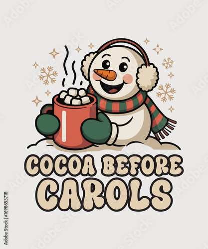 Cute Snowman Enjoying Cocoa Before Christmas Carols