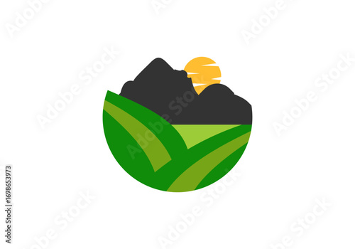 mountain and rice field landscape logo vector illustration