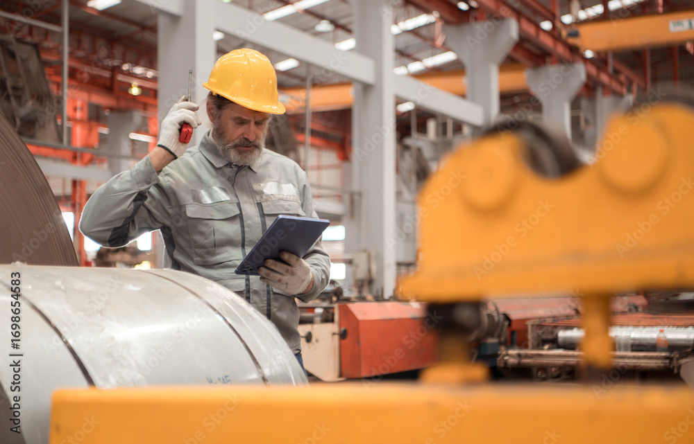 Fototapeta premium Senior experienced technician checking large machine on a production line