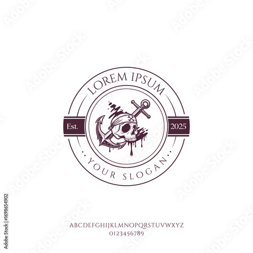 Circular emblem featuring a skull with wings and dripping paint on a white background