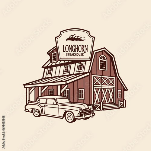 Vintage hand drawn illustration of a classic car parked in front of a rustic red barn with a longhorn sign