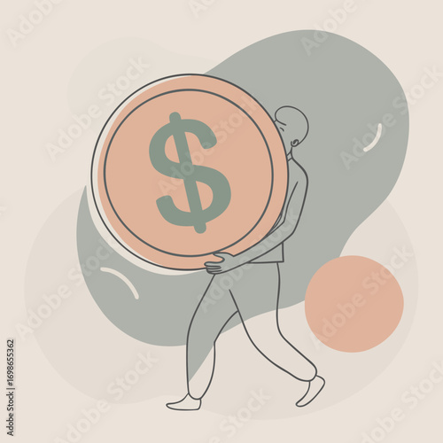 A clean black silhouette illustration of Person carrying giant dollar coin