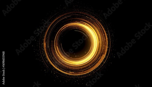 Golden light spirals into a central dark void on black background