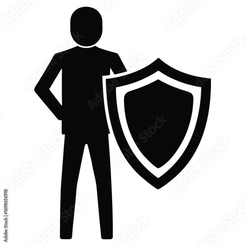 A clean black silhouette illustration of Person protecting money with shield