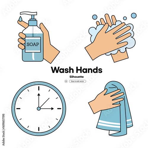 Hand washing steps with clock and soap dispenser