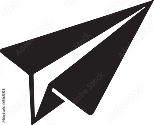 A bold black paper airplane icon for a personal logo or brand identity, symbolizing a message, flight, and forward direction