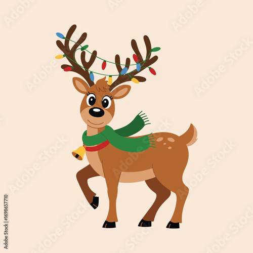 Walking Cartoon Reindeer with Christmas Lights Scarf and Bell on Antlers Keywords: reindeer