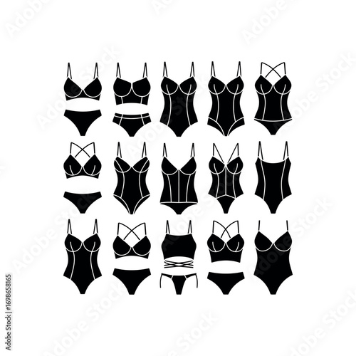 Black silhouette collection of lingerie and swimwear styles bikini panties