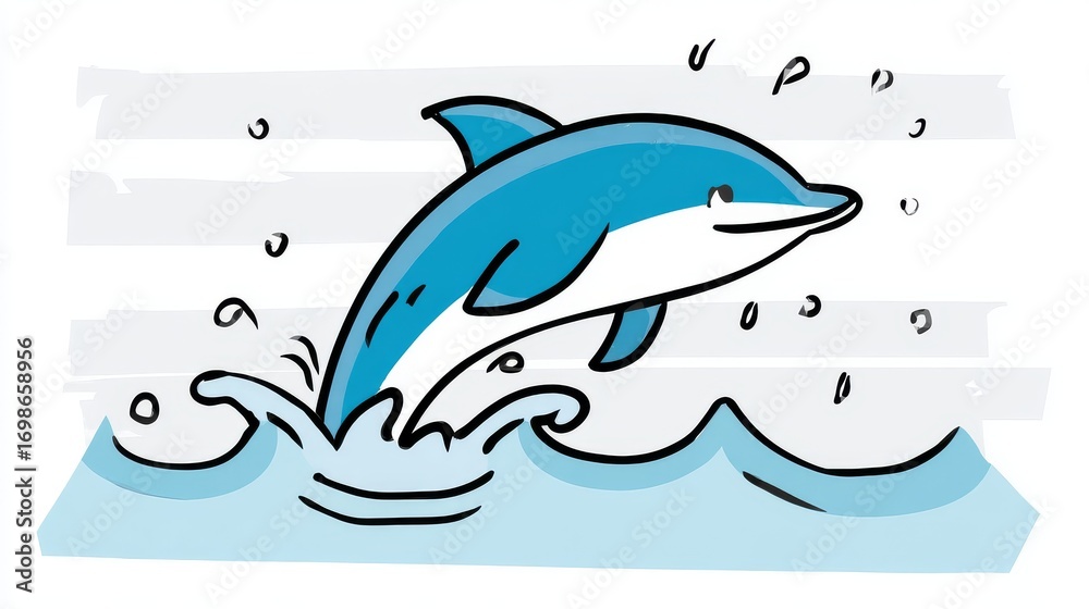 Obraz premium Playful cartoon dolphin jumping out of water, bold black outlines, minimal flat design, kid-friendly illustration.