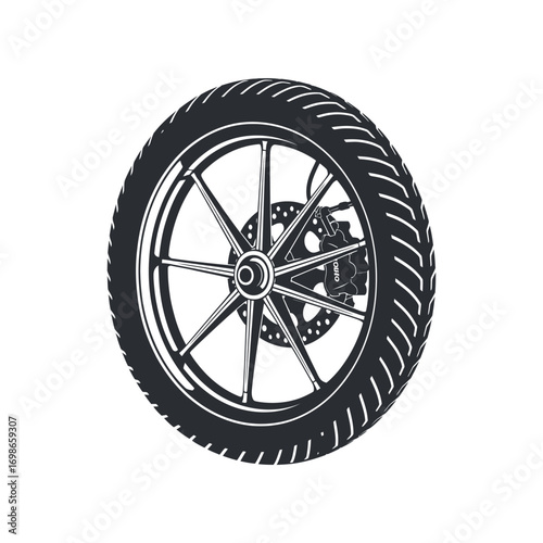 Motorcycle wheel with brake disc and caliper on white background tire spokes