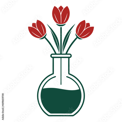 Three red tulips in a round glass vase with dark green liquid flower