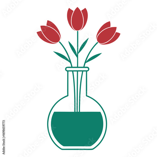 Three red tulips in a teal laboratory flask with teal liquid flower