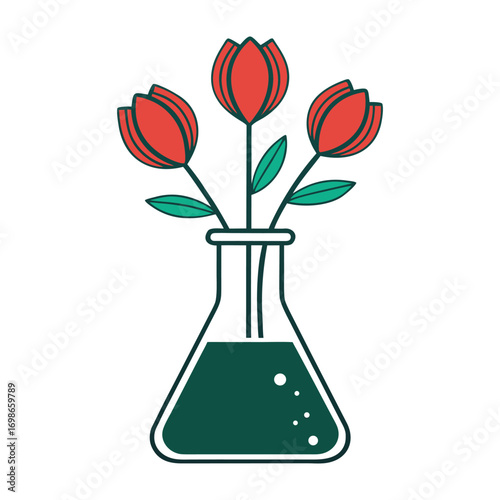 Three red tulips in a science flask with green liquid flowers