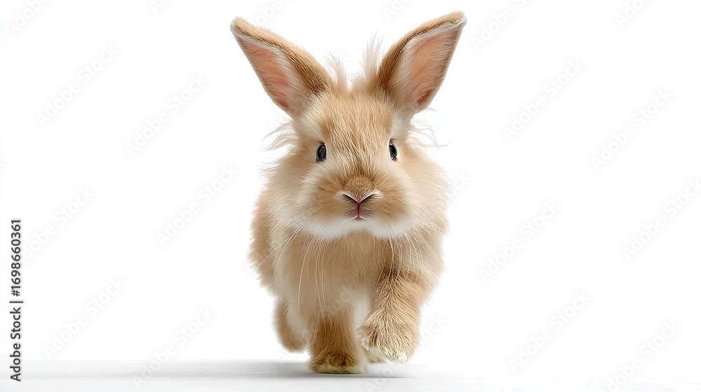 Fototapeta premium Close-up of a small rabbit on a white background with blurred image of its face