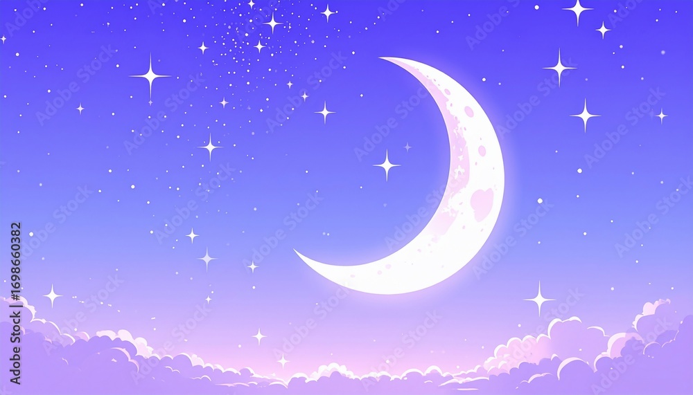 Naklejka premium Celestial Scene Depicting a Luminous Crescent Moon Amidst a Starry Night Sky