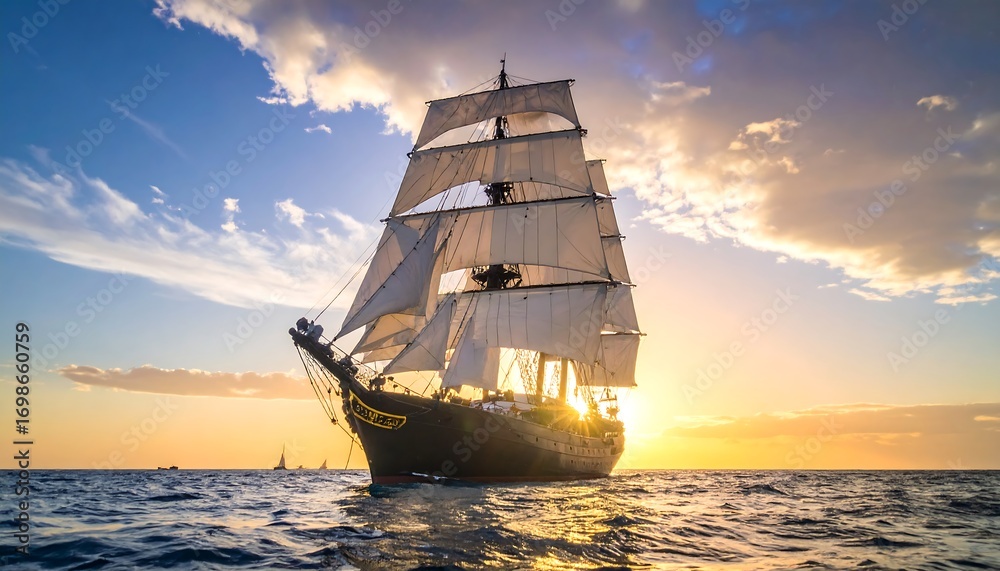 Fototapeta premium Majestic sailing ship at sunset (2)