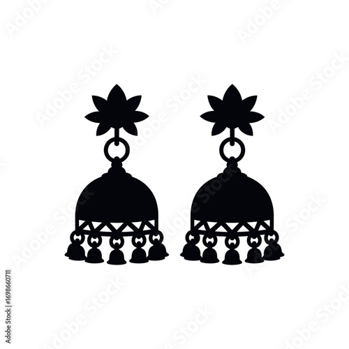 Black silhouette of traditional Indian jhumka earrings with bells jewelry Indian jewelry