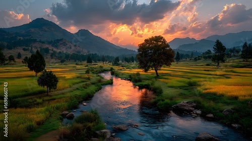 Serene River Sunset: A picturesque sunset bathes a calm river, flowing through a verdant valley with rolling hills and scattered trees, creating a harmonious symphony of nature's beauty.