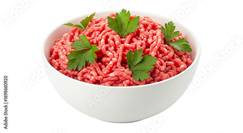 Ground Beef Recipe Ingredients with Fresh Parsley Garnish in White Bowl Cooking Protein on transparent background