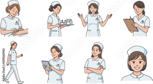 Cartoon healthcare women in medical uniforms performing tasks, hospital staff illustration for nursing, caregiving, teamwork, and professional healthcare themes.
