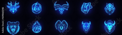 The zodiac sign of the tiger is set in a line, with a comet rapidly falling, alongside a dog and Aries, accompanied by a glowing neon icon in modern form