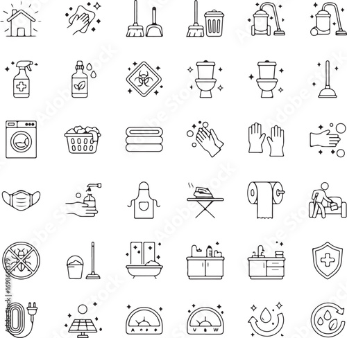 Housekeeping icons set. Detailed vector illustration featuring a wide range of cleaning tools, supplies, equipment, and maintenance symbols perfect for home, office,
