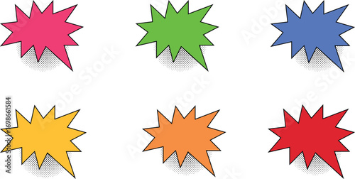 Colorful speech bubbles with comic book halftone shading Set of six starburst shaped icons to express dialogue