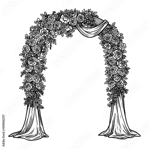 Detailed Floral Archway Decoration with Roses and Draped Cloth Black and White Outline Line Art Drawing