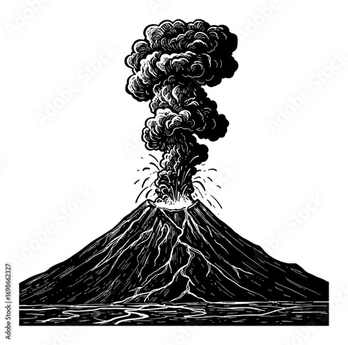 Powerful Volcano Erupting Smoke and Molten Lava with Streams Black and White Outline Line Art Drawing Illustration