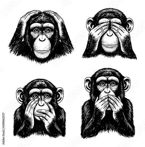 Four Monkeys Different Expressions Hands on Ears Eyes Mouth Hear See Speak No Evil Black and White Outline Line Art Drawing