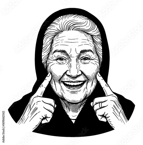 Smiling Grandma with Fingers on Cheek Happy Expression Face Black and White Outline Line Art Drawing