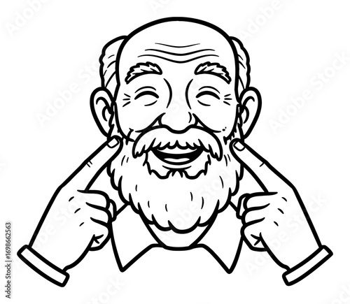 Smiling Grandpa with Fingers on Cheek Happy Expression Face Cute Cartoon Style Black and White Outline Line Art Drawing