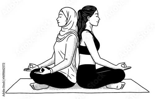 Two Women Meditating Back to Back in Lotus Position on Yoga Mat with Hijab and Sportswear Black and White Outline Line Art Drawing