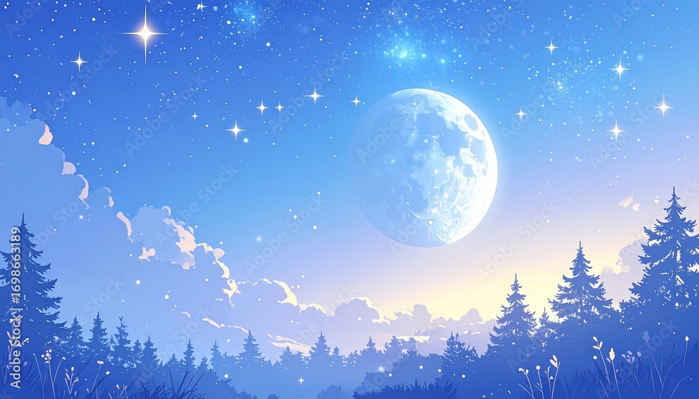 Fototapeta premium Serene starry night sky illustration over a forest with a full moon in a vibrant blue hue