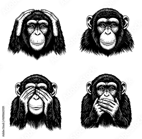 Four Monkeys Hands on Ears Eyes Mouth See Hear Speak No Evil Black and White Outline Line Art Drawing