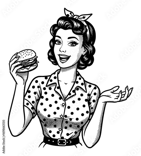 Vintage Happy Caucasian Woman in Pinup Style Holding a Delicious Burger Black and White Outline Line Art Drawing