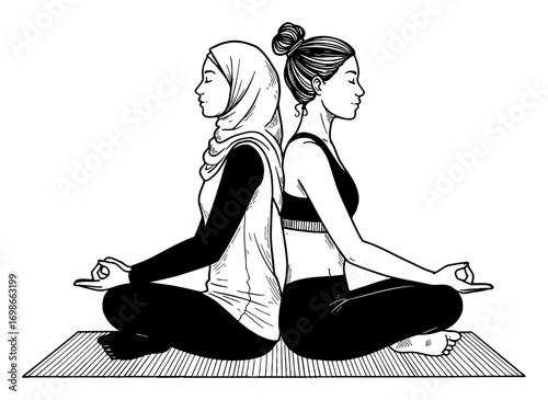 Two Women Meditating Back to Back Lotus Position Yoga Mat Hijab Sportswear Black and White Outline Line Art Drawing