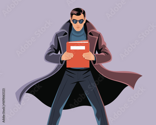 Sleek Male Agent in Trench Coat and Sunglasses Holding a Red Document or Book, Ready for a Covert Mission
