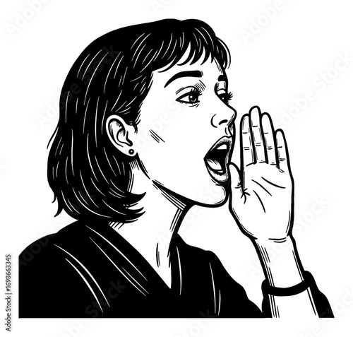 Woman Shouting Loudly and Calling Out with Hand Cupped Near Mouth in Black and White Outline Line Art Drawing Style
